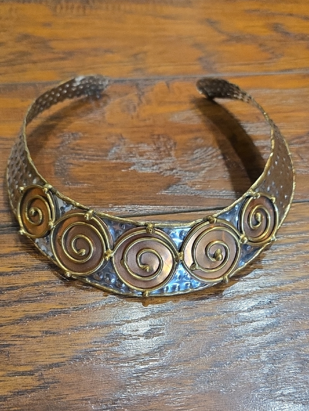 Hammered Metal Spiral Statement CHOKER - Three-Tone Brass, Copper & Silver